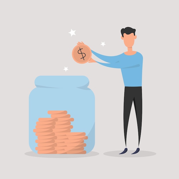 Man inserting cash into glass jar. Cartoon design.