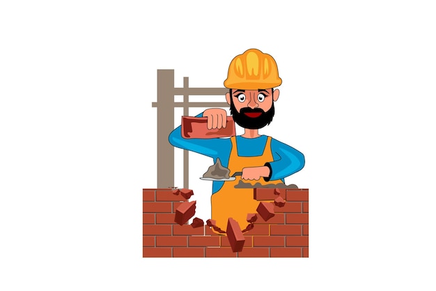 A man is breaking a brick wall and he is wearing a helmet and a helmet with a hammer.