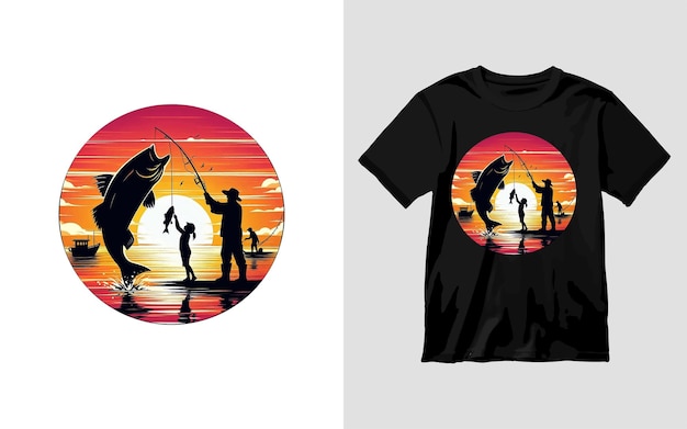 A man is catching fish with daughter Silhouette HD illustration highquality vector TShirt design