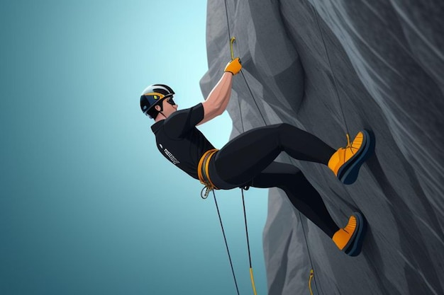 a man is climbing a rock with a rope attached to his head