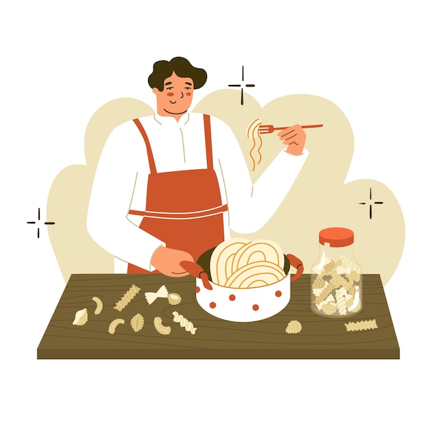 Man is cooking pasta Cooking Preparing food process Chef Italian delicious meal Flat style in vector illustration