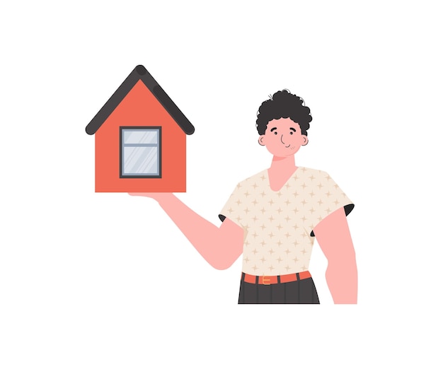 Vector the man is depicted waistdeep holding a house in his hands the concept of selling a house isolated vector illustration