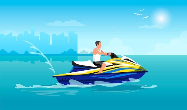 Man is driving on water bike at sea resort Cityscape with horizon and sun in the background Concept of entertainment and recreation Vector graphic illustration