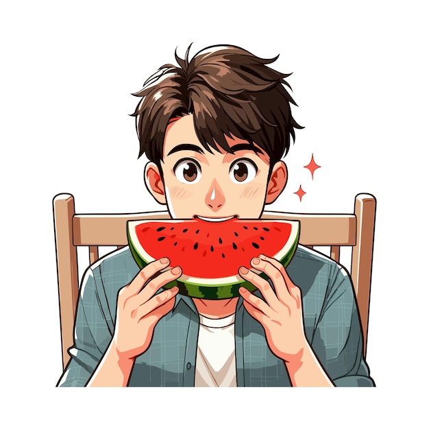 a man is eating a watermelon with the words he is eating A man who eating watermelon summer time