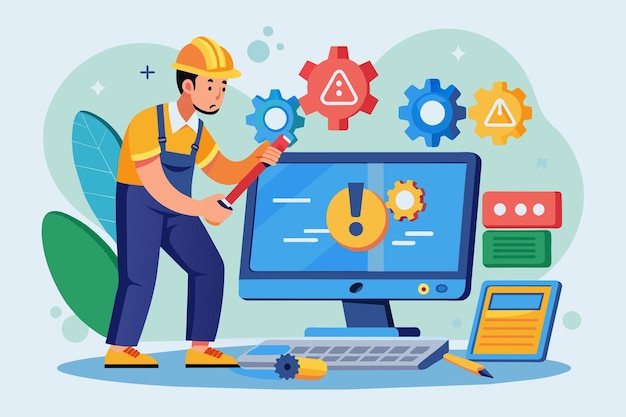 A man is fixing a computer displaying a 404 Page Not Found error using a wrench repairman fixes computer error page not found flat illustration