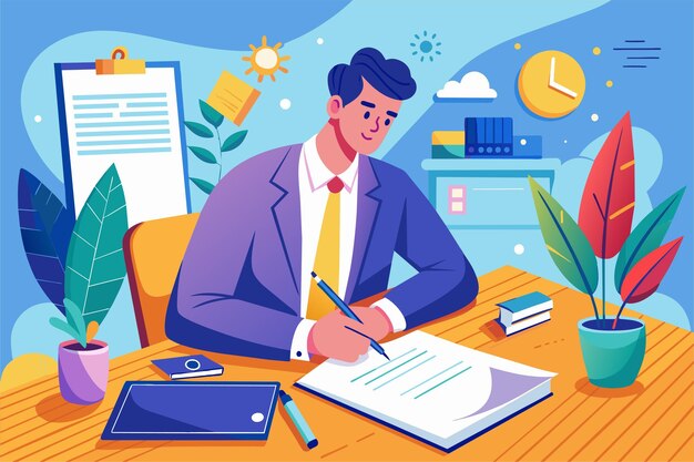 Vector the man is focused on signing a contract letter at his desk surrounded by plants and office supplies a man is signing a contract letter