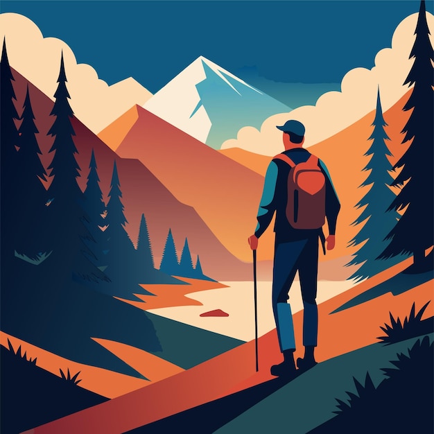 Vector a man is hiking in the mountains with a mountain in the background