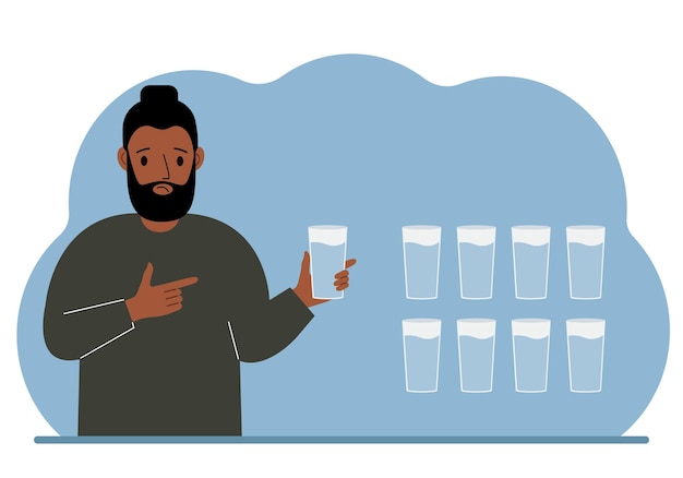 The man is holding a glass of water Water balance infographic 8 glasses of water every day Healthy lifestyle