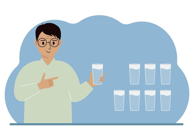 The man is holding a glass of water Water balance infographic 8 glasses of water every day Healthy lifestyle