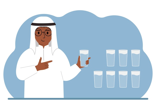 The man is holding a glass of water Water balance infographic 8 glasses of water every day Healthy lifestyle