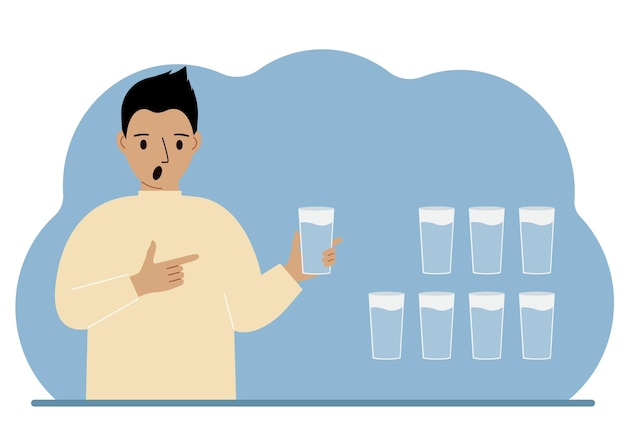 The man is holding a glass of water Water balance infographic 8 glasses of water every day Healthy lifestyle