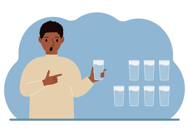 The man is holding a glass of water Water balance infographic 8 glasses of water every day Healthy lifestyle