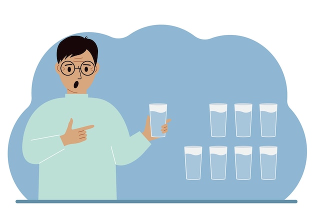 The man is holding a glass of water Water balance infographic 8 glasses of water every day Healthy lifestyle