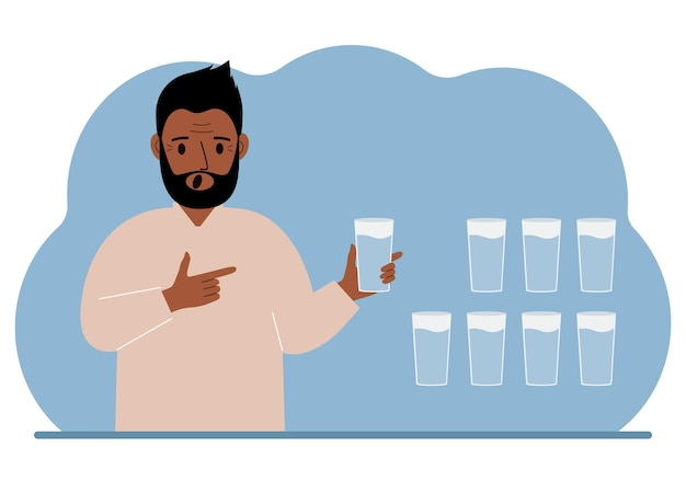 The man is holding a glass of water Water balance infographic 8 glasses of water every day Healthy lifestyle