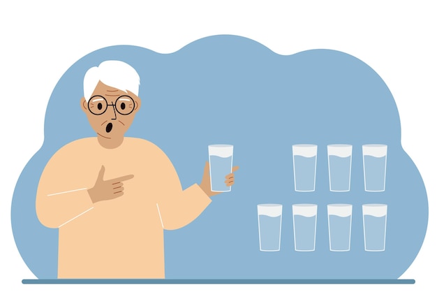 The man is holding a glass of water Water balance infographic 8 glasses of water every day Healthy lifestyle