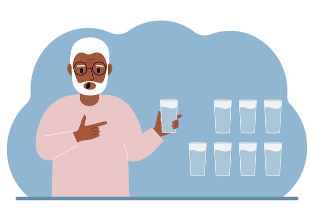 The man is holding a glass of water Water balance infographic 8 glasses of water every day Healthy lifestyle