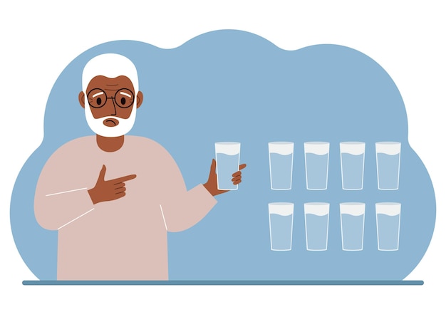 The man is holding a glass of water Water balance infographic 8 glasses of water every day Healthy lifestyle