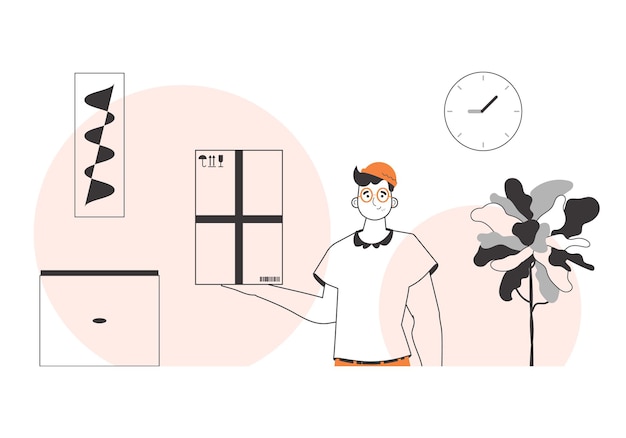 Vector the man is holding a parcel delivery concept linear modern style