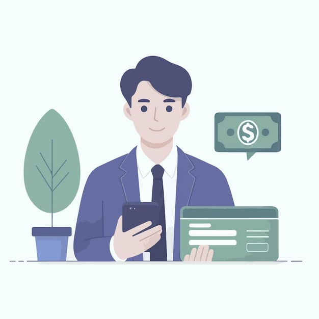 a man is holding a phone and a plant and a wallet with money in it