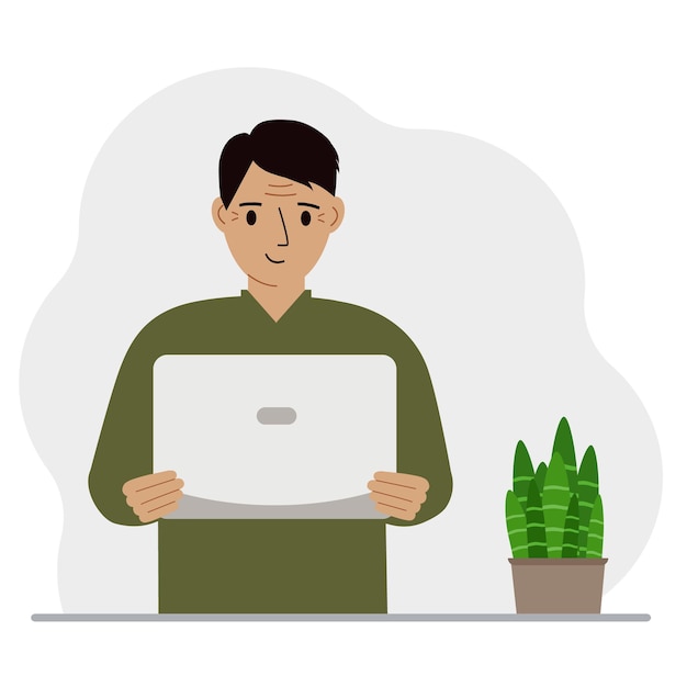 A man is holding or using a laptop computer PC Laptop computer technology concept Vector flat illustration