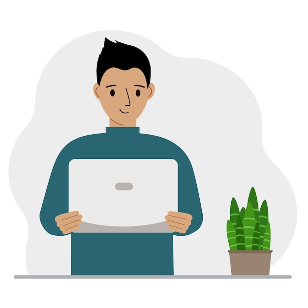 A man is holding or using a laptop computer PC Laptop computer technology concept Vector flat illustration