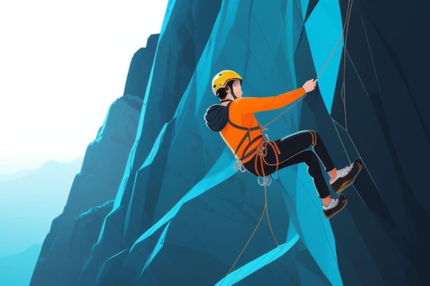 a man is jumping over a cliff with a rope attached to his back