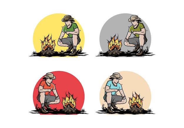 A man is lighting a bonfire illustration