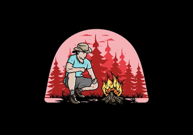 A man is lighting a bonfire illustration