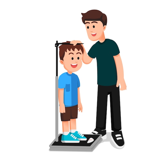 a man is measuring a boy's height