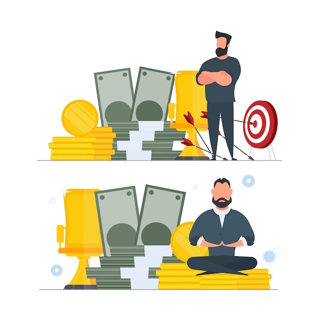 The man is meditating on the background of money. Business man doing yoga. Large stack of dollars and gold coins. Vector.