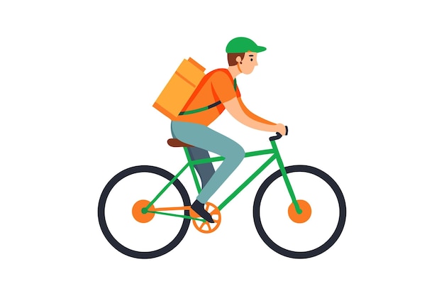 A man is riding a bicycle with a backpack on