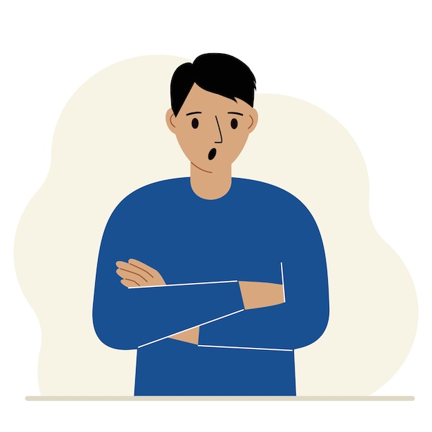 The man is screaming and upset. The arms are crossed over the chest. Vector flat illustration