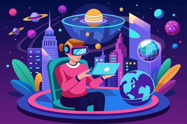 Vector a man is seated in a chair actively engaged with a laptop computer virtual reality customizable flat illustration