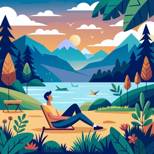 a man is sitting in a chair in front of a lake