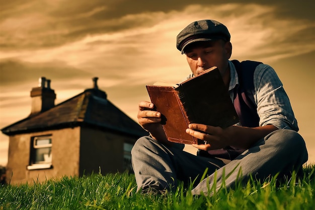 a man is sitting in the grass reading a book