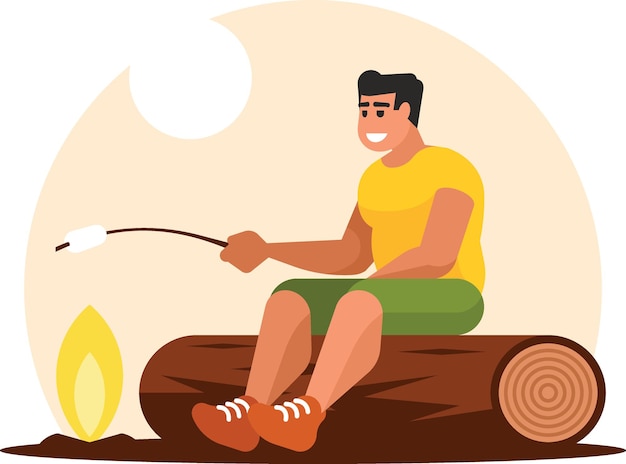 A Man Is Sitting On The Wood Log And Roasting Marshmallows Food Illustrator