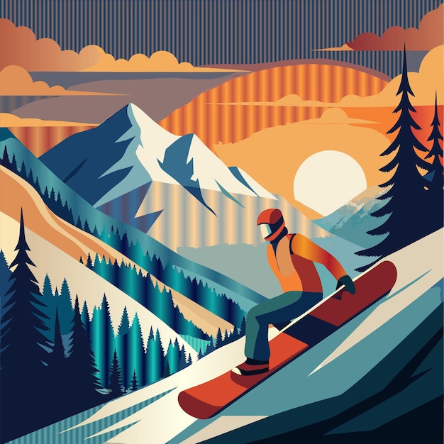 Vector a man is skiing in a mountain landscape with mountains and trees