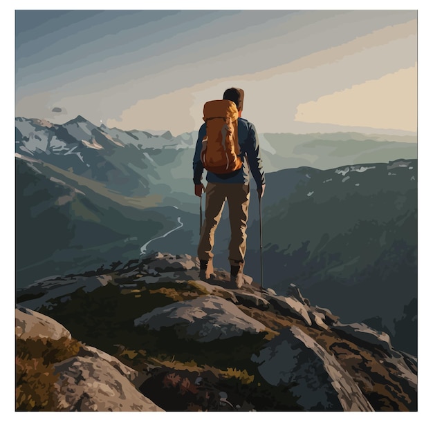 Vector a man is standing on a mountain with a backpack on his back