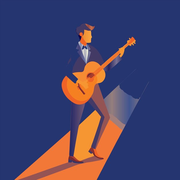 Vector a man is standing in an orange and blue suit and is playing a guitar