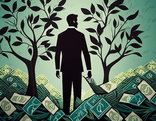 Vector a man is standing on a pile of money leaves from a money tree plant successful businessman