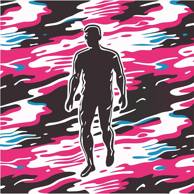 Vector a man is standing on a surfboard in a pink and black background