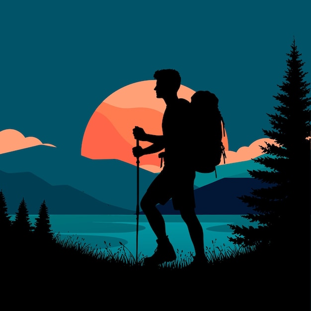 Vector a man is walking in the grass with a sunset in the background hiking silhouette vector