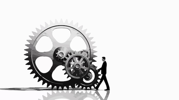 a man is walking past a mechanical gear that has the gears on it