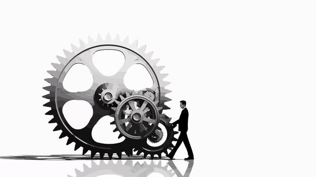 Vector a man is walking past a mechanical gear that has the gears on it