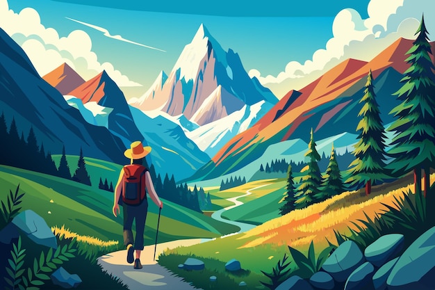 A man is walking through a beautiful mountain landscape with a hat on