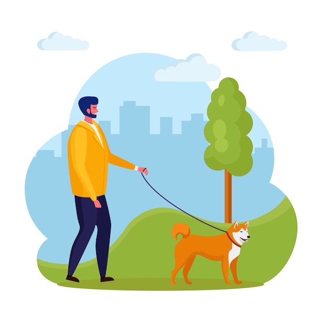 Man is walking with dog. Happy boy play with pet. Puppy on a leash  on background.