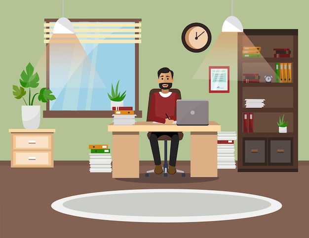 A man is working at a computer in his office Vector illustration