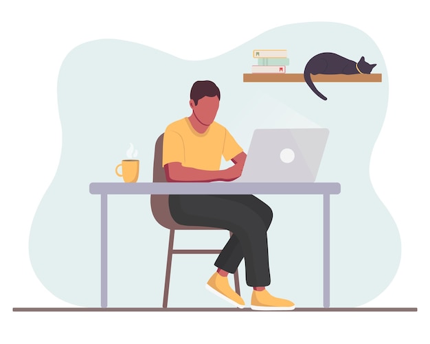 Man is working at the desktop with a laptop at home Freelance online education web surfing or office worker Vector illustration in cartoon style