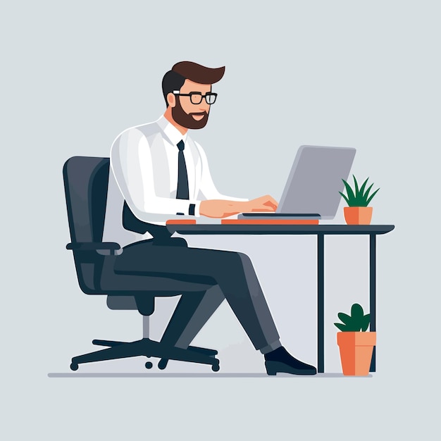 A man is working on a laptop in a room with a plant on the table.