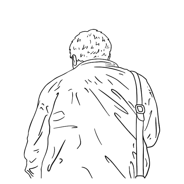 A man in a jacket with a bag on his shoulder and short hair clothes man doodle linear cartoon